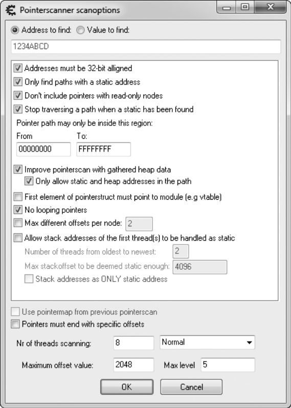 图 1-4 Cheat Engine 指针扫描器扫描选项对话框