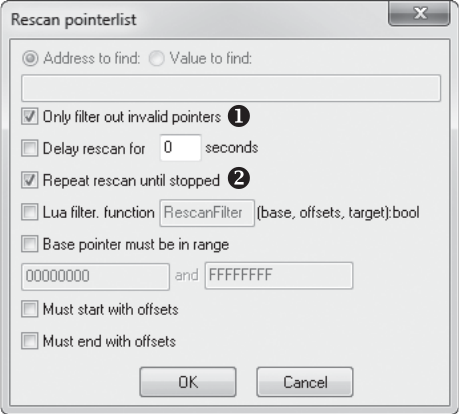图 1-5 Cheat Engine 重扫指针列表对话框