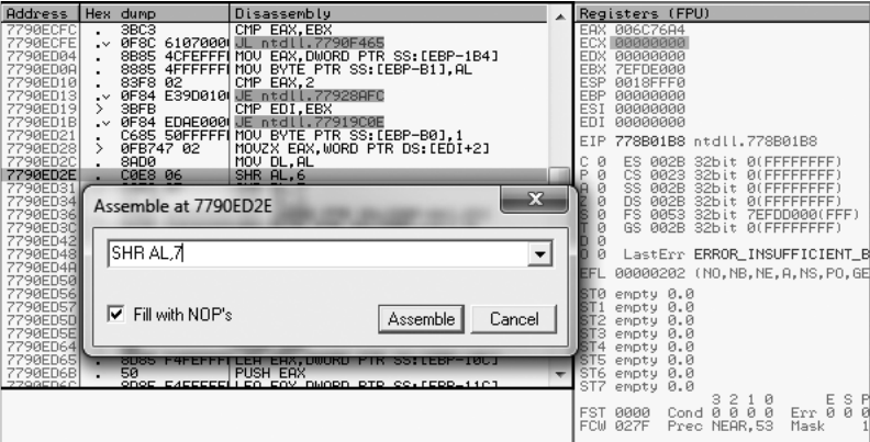图 2-3 用 OllyDbg 放置补丁
